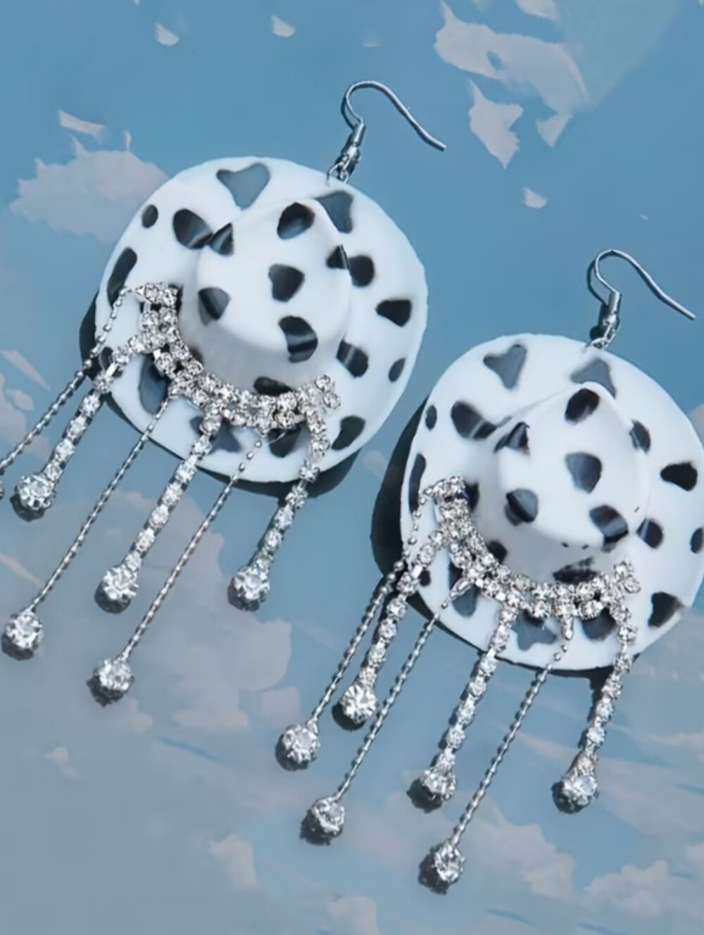 Hand Crafted Bold Black & White Western Hat Drop Earrings with Rhinestone Fringe - Picture 4 of 8